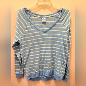 PINK by Victoria's Secret Women's Blue Yellow Striped V-Neck Shirt XS